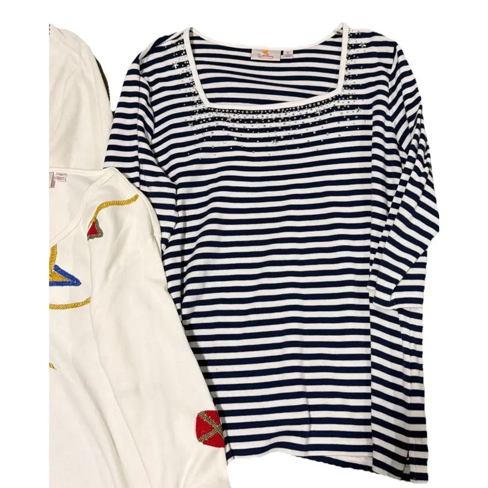 Quacker Factory Lot of 4 Women's XL Tops And Swim Cover Up Studded Nautical Star - Picture 4 of 15